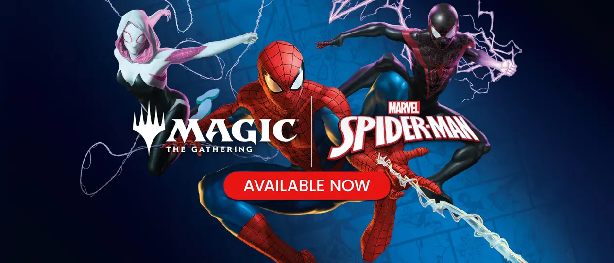 Marvel's Spider-Man Image with Spider-Man in the traditional red and blue costume in front, Spider-Man with a black and red suit and Spider-Gwen in the background. A red "Available Now" button can be found under the Magic: The Gathering and Marvel Spider-Man logos.