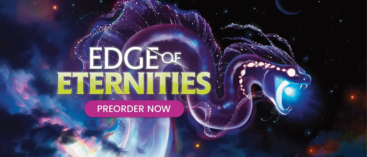 Edge of Eternities Image with celestial dragon flying through space. The image has a button that says "Preorder Now".