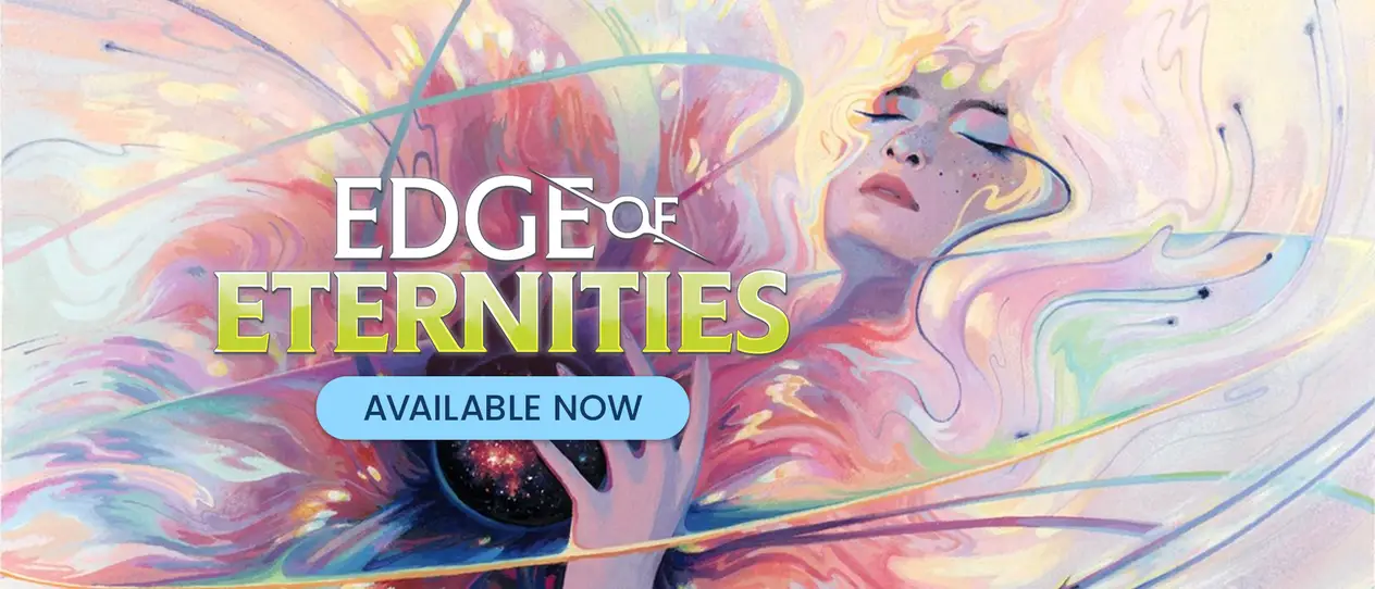 Edge of Eternities Image with person laying on their back holding a globe in their hands. The image has a button that says "Available Now".